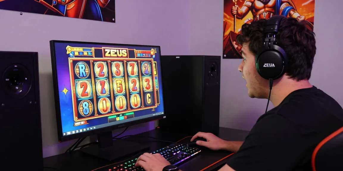 Player enjoying a thrilling slot raja game in an engaging online gaming setup with Zeus theme.
