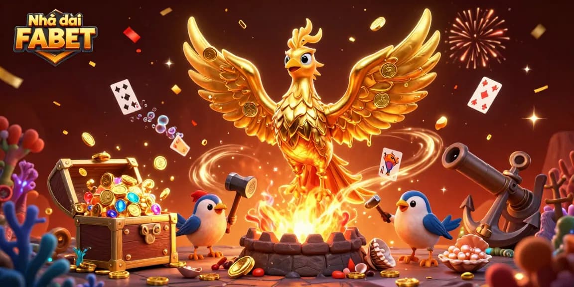 Engage with Nhà cái FABET while enjoying vibrant casino-themed 3D illustration, showcasing dynamic gaming elements.