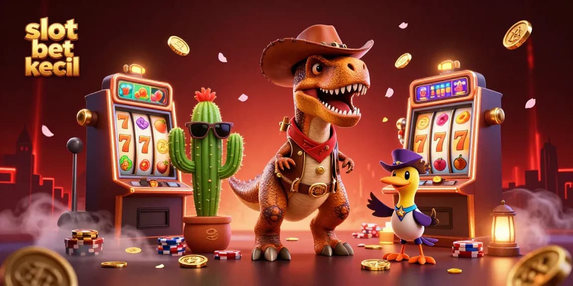Engage with slot bet kecil at the vibrant casino scene featuring a T-Rex cowboy with slot machines and colorful elements.