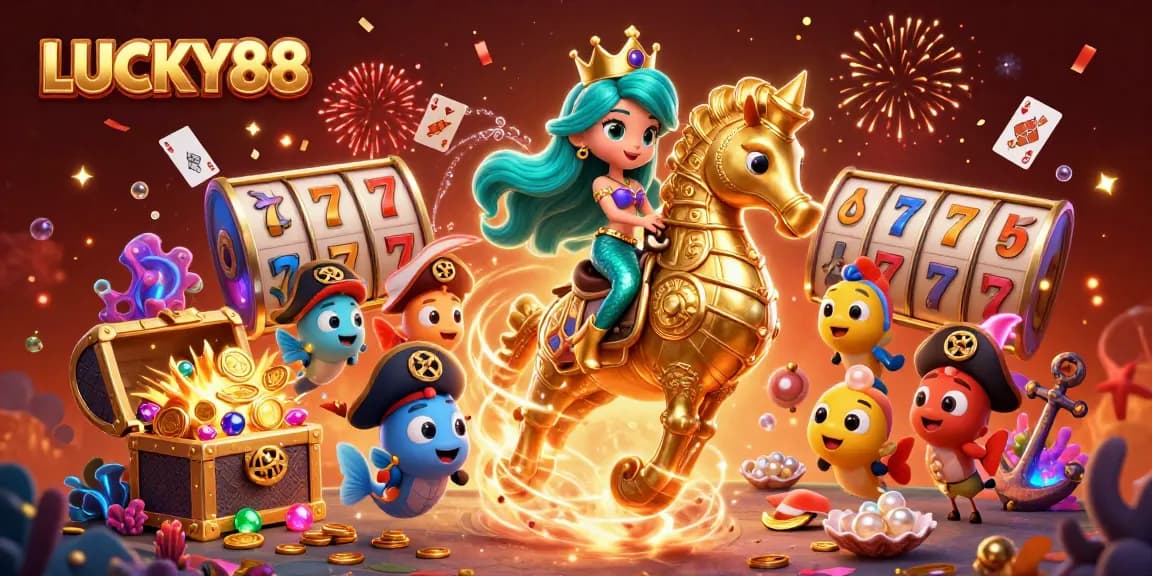 Experience the excitement of LUCKY88 with vibrant mermaids, seahorses, and exhilarating casino elements.
