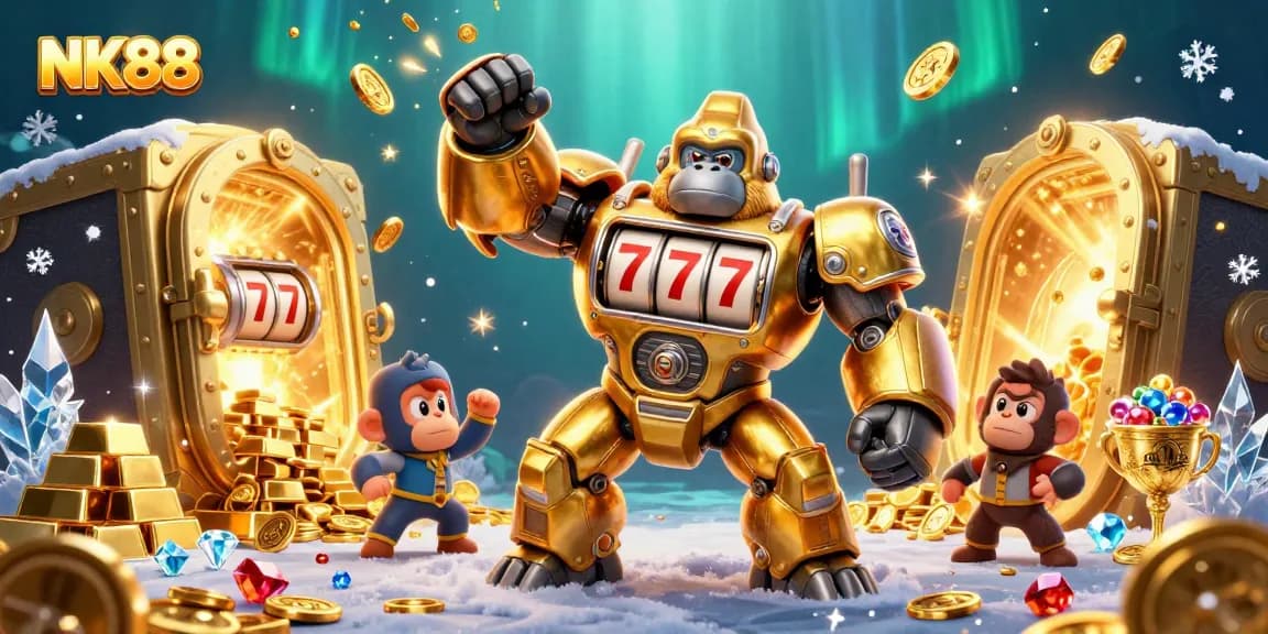 Experience thrilling gameplay at NK88 with a golden gorilla mech surrounded by vibrant treasures and casino elements.