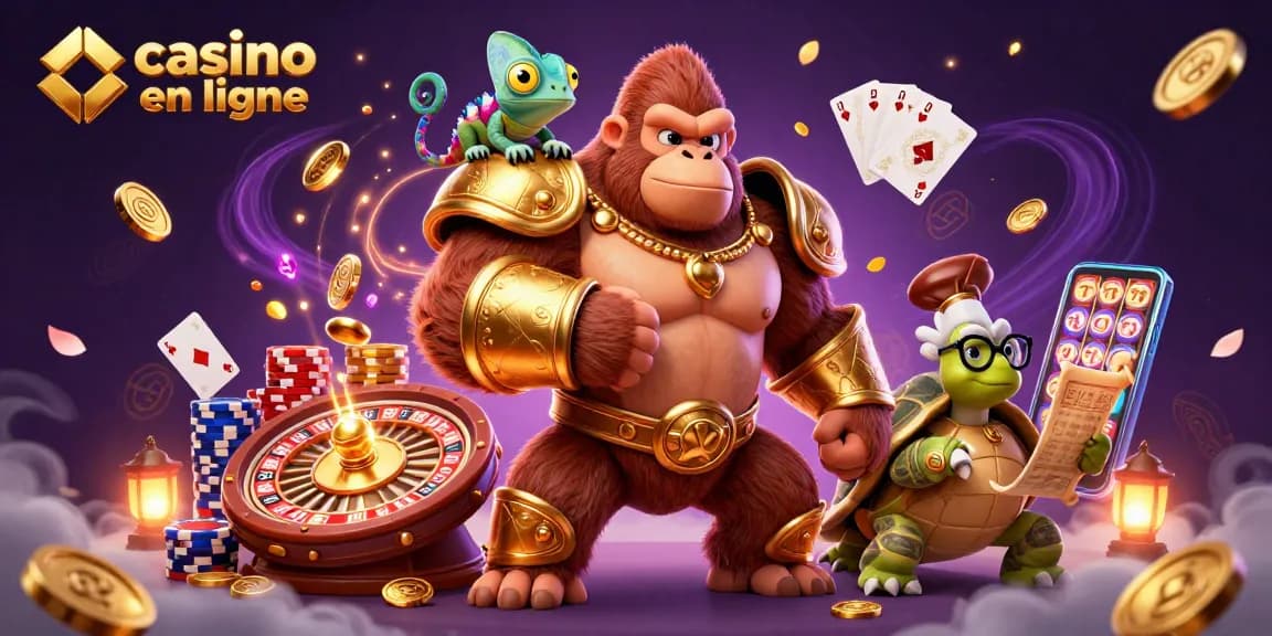 Casinos en ligne : un roi gorille puissant entouré de jetons et de jeux dans un cadre animé.