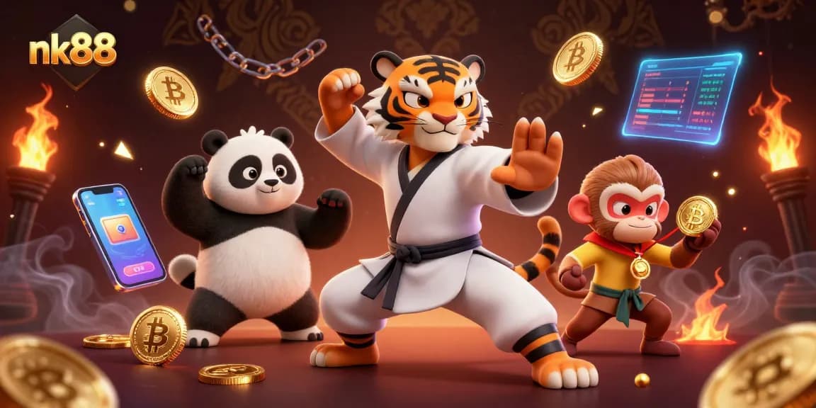 Experience thrilling gambling action at nk88 with a 3D cartoon kung fu tiger and panda disciple.