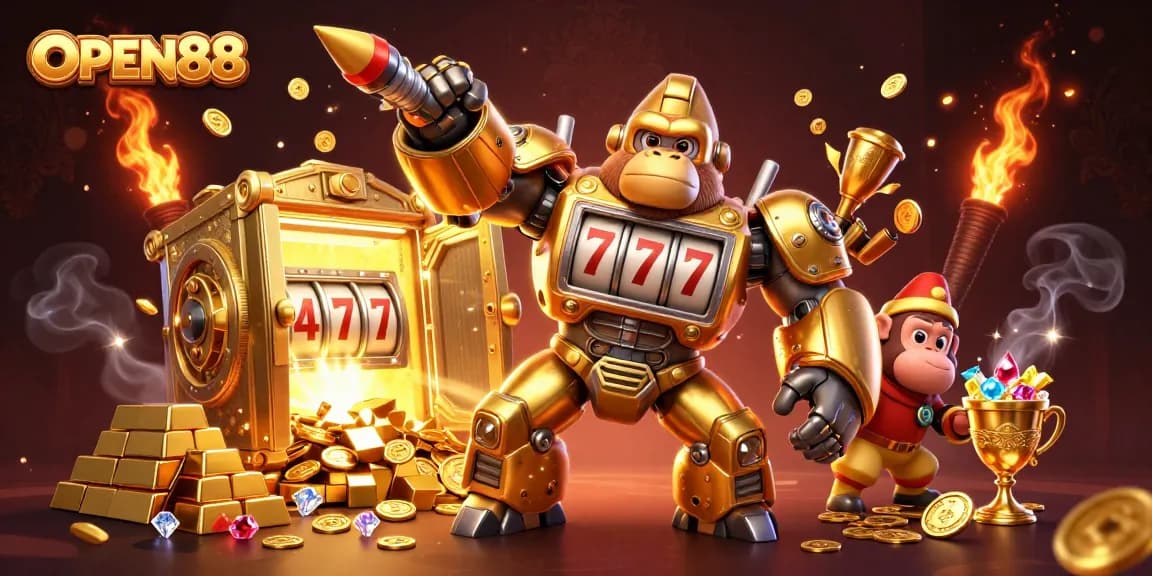 Experience thrilling winning moments with OPEN88's golden gorilla mech and dynamic treasures.
