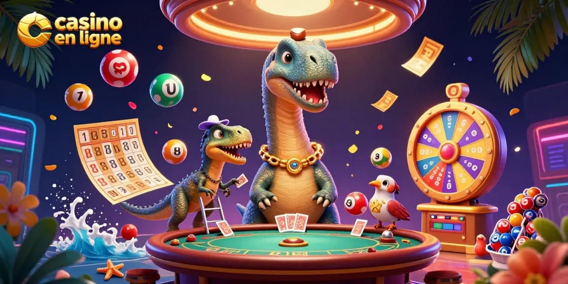 Illustration animée d’un brontosaure et d’un raptor dans un casino en ligne, pour des jeux palpitants.