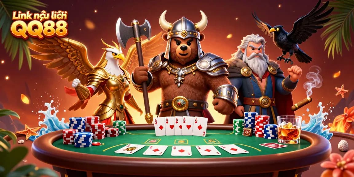 Enhance your gaming experience with Link mới nhất QQ88 featuring a Viking berserker bear and poker elements.