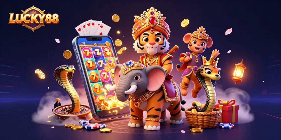 LUCKY88 offers a vibrant casino experience with a maharaja tiger, elephant, and gaming action.