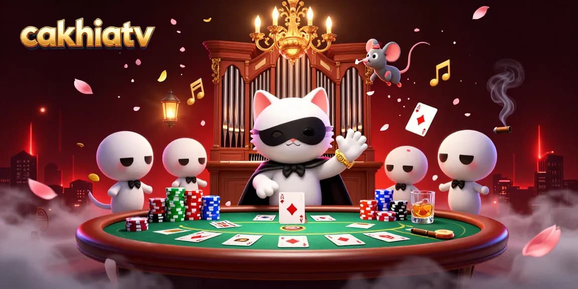 Bet and win on cakhiatv with an exciting casino scene featuring a white cat, mouse acrobat, and vibrant poker elements.