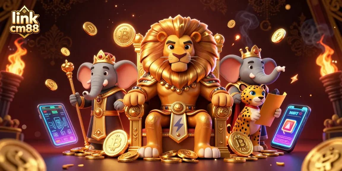 Experience the excitement at link cm88 with a majestic lion king surrounded by cryptocurrencies and gaming elements.