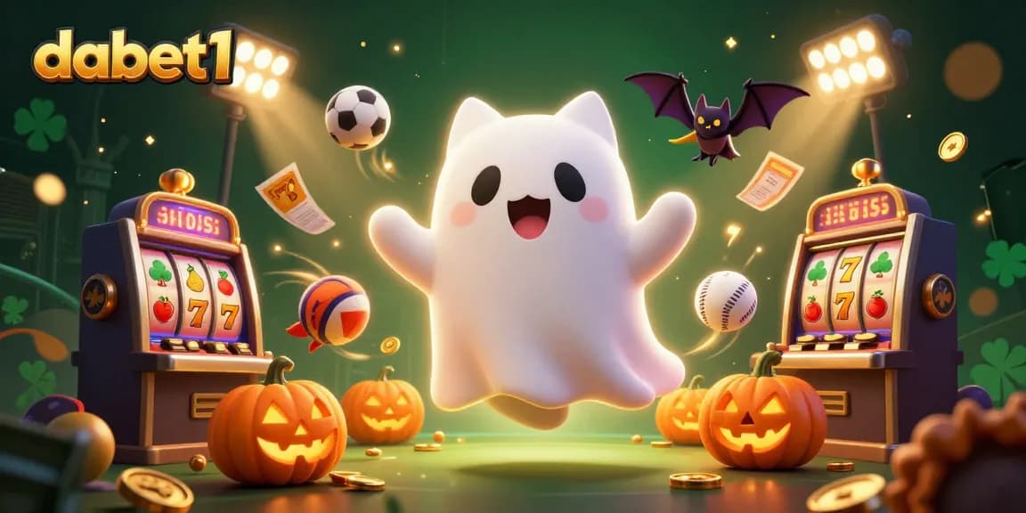 Dabet1 captures the thrill of casino gaming with a playful ghost cat and spooky elements.