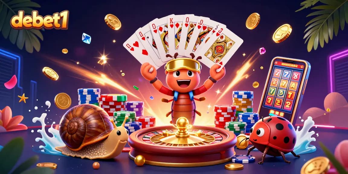 Experience thrilling casino moments with debet1's vibrant 3D cartoon gaming illustration.