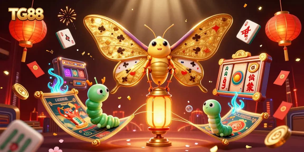 TG88 engages players with vibrant slot scenes featuring a cartoon moth, colorful casino elements, and rich golden details.