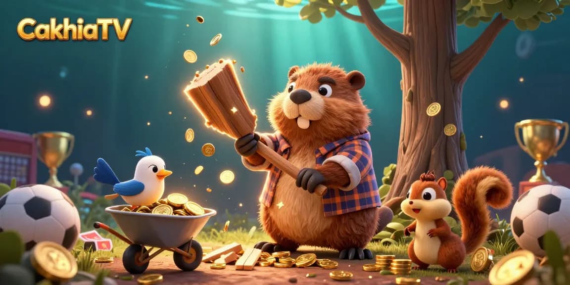 CakhiaTV showcases a vibrant 3D scene with a lumberjack beaver amid sports betting elements, radiating excitement.