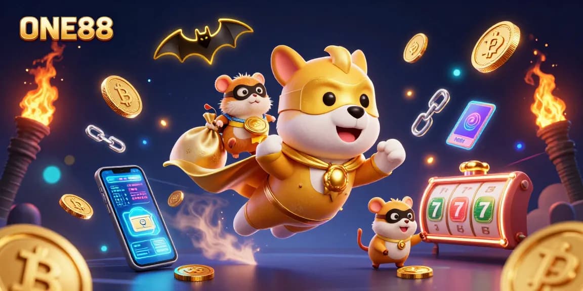 Engage with exciting ONE88 casino rewards through a dynamic superhero-themed illustration.