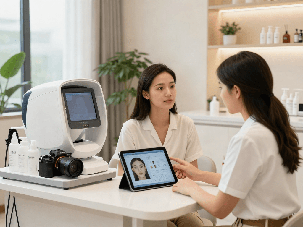ClinicEvo better than QOVES: A beauty analysis session highlighting personalized facial metrics.