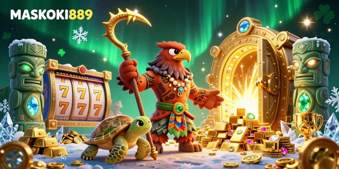 Experience the thrill of winning at MASKOKI889 with exciting slot game elements, golden treasures, and captivating characters.