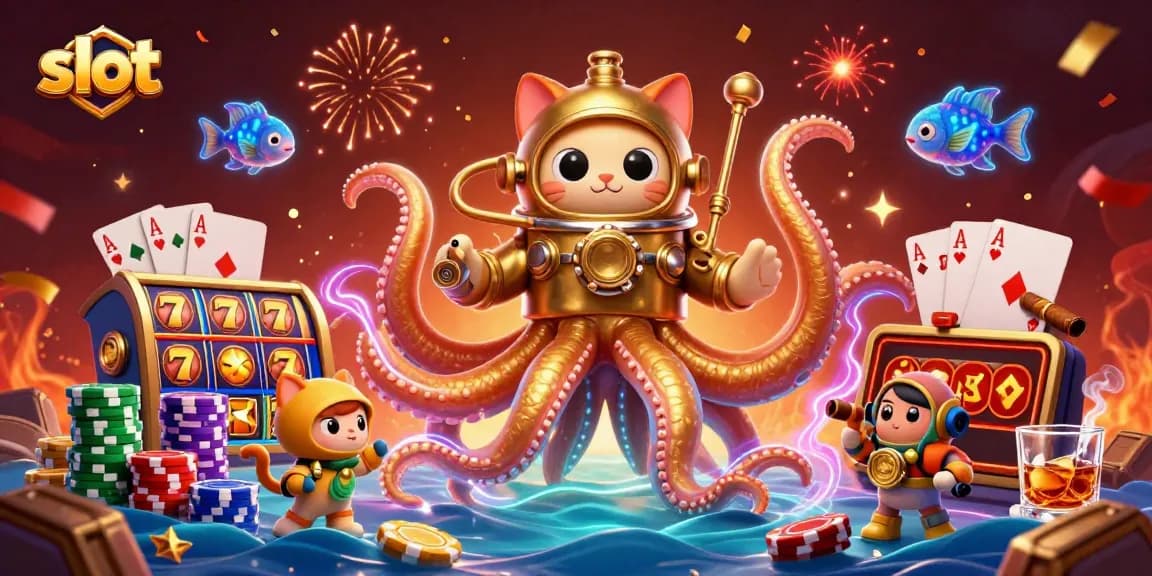 Spin the reels with a slot-packed dynamic scene featuring colorful characters and casino elements.