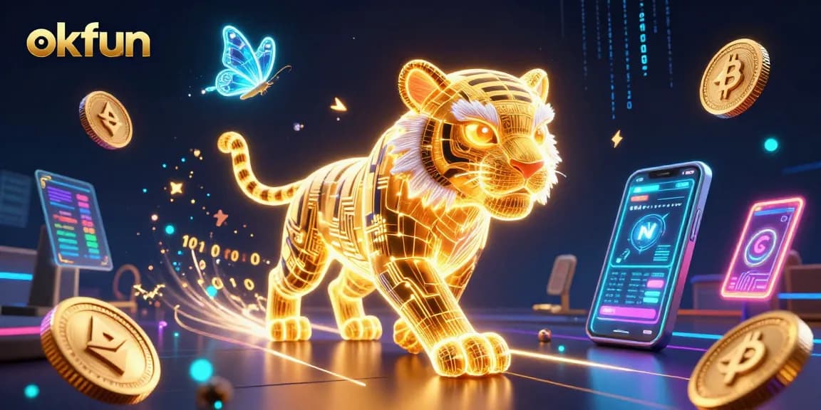 Immerse in okfun’s vibrant casino scene, with a golden tiger and crypto coins featuring exciting gameplay elements.