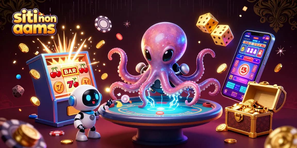 Gioca su siti non AAMS con un'illustrazione vivace di giochi da casinò e un alieno che gestisce un tavolo di poker.