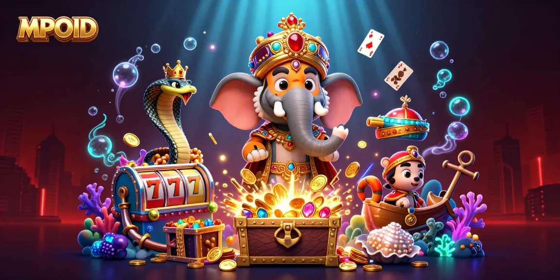 Watch MPOID's lively casino scene with a maharaja and slot reels bursting with gold.
