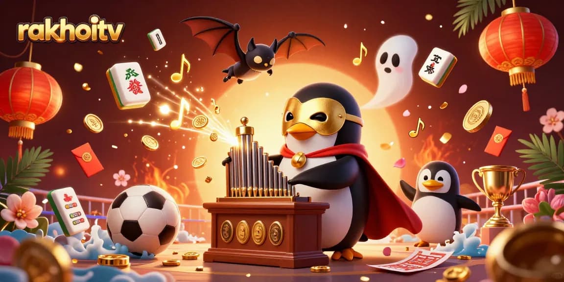 Experience the thrill of rakhoitv with this dynamic online sports betting scene featuring a vibrant cartoon penguin and lavish elements.