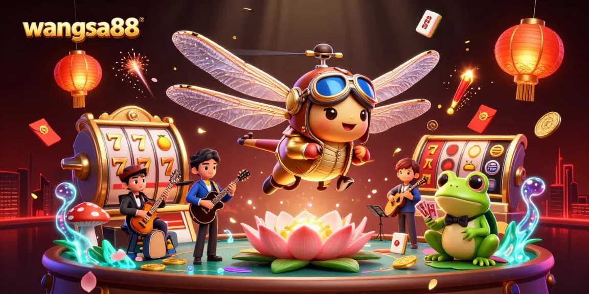 wangsa88 slots and gaming vivid scene with a dragonfly pilot and frog dealer showcasing vibrant casino action