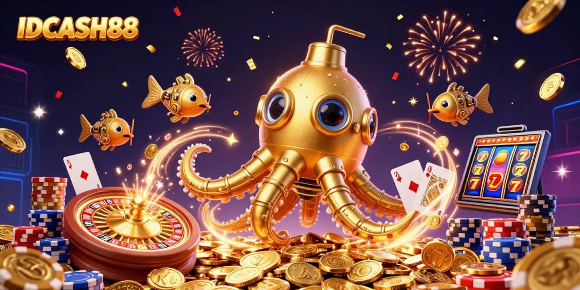 Engage with IDCASH88's thrilling casino experience featuring golden kraken and dazzling casino elements.