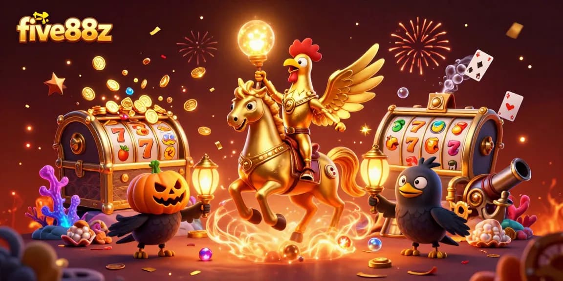 Experience the thrill at five88z with a golden rooster and friends in an enchanting casino scene.