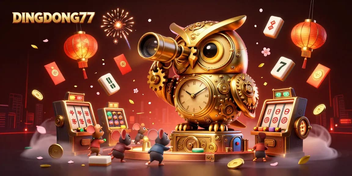 DINGDONG77 brings luck with a vibrant scene featuring a golden owl, slot machines, and festive elements.