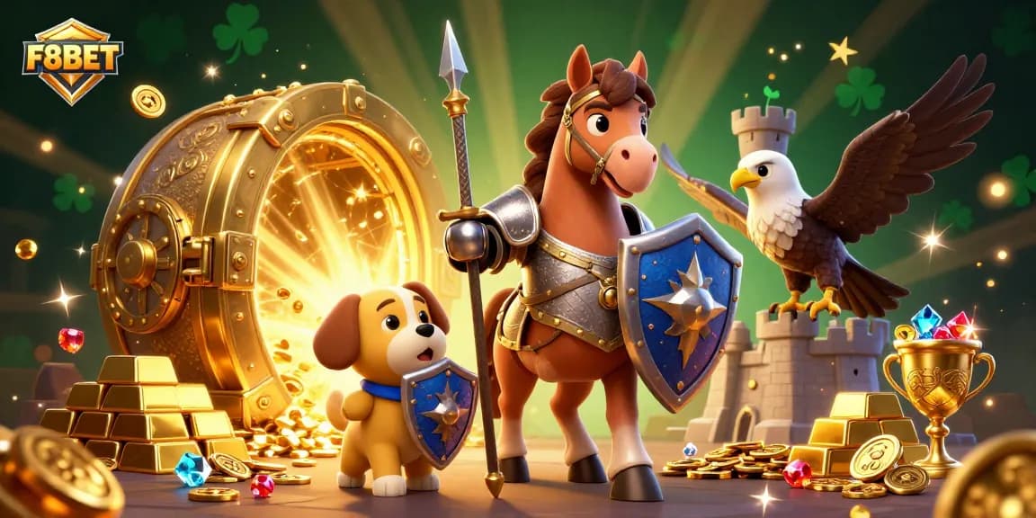 Experience the thrill of F8BET gaming with a medieval knight, squire, and falcon in a vibrant casino illustration.