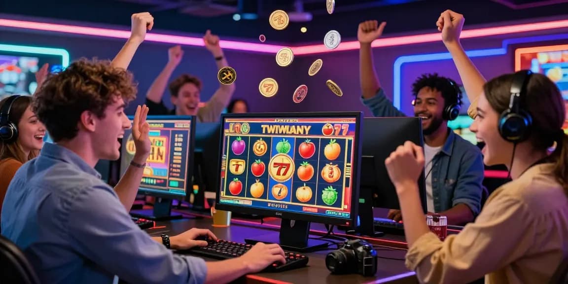Friends celebrating a big win on slot 777 game at a vibrant online casino.