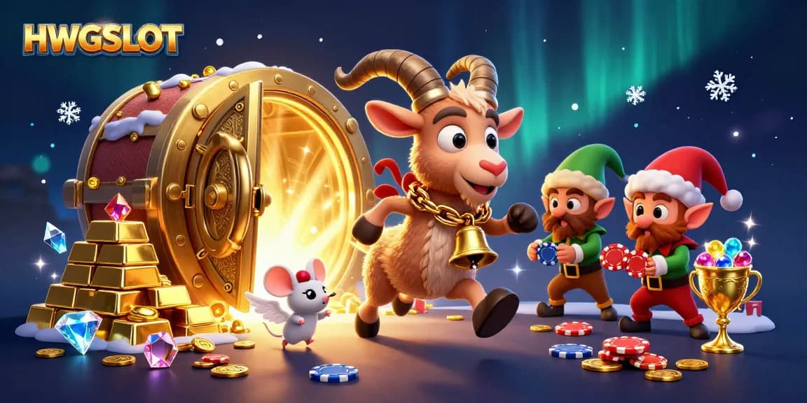 HWGSLOT entertains players with festive illustrations of casino chaos, featuring coins and playful characters.
