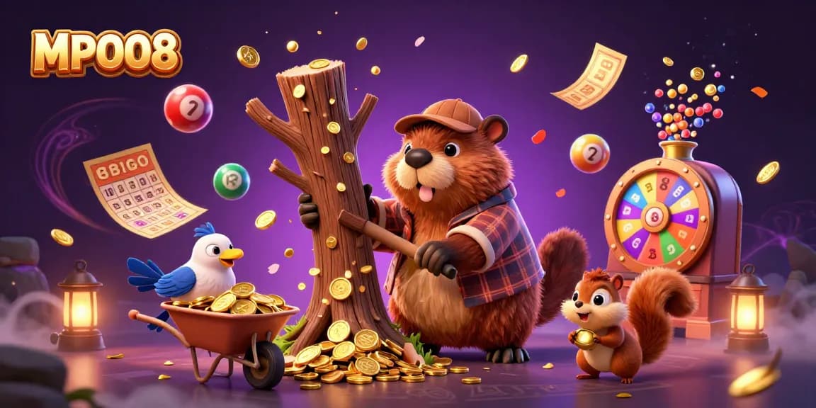 MPO08 showcases a vibrant 3D casino environment with a beaver, bird, and squirrel collecting gold in a playful gambling scene.