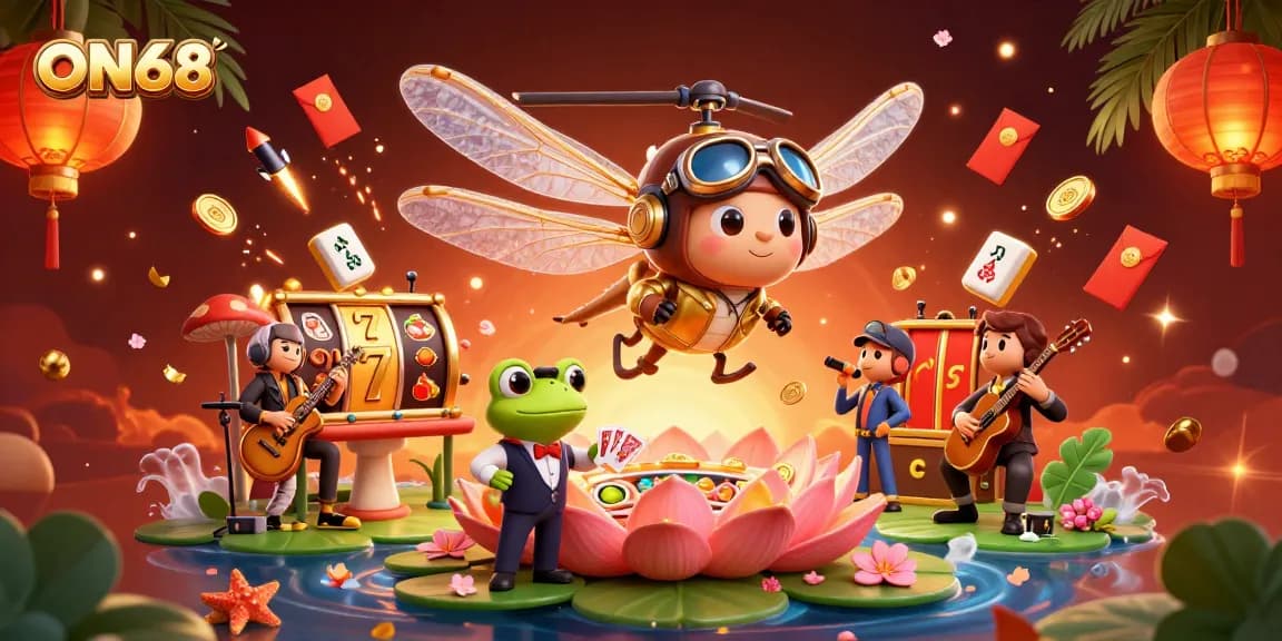 Experience the vibrant world of ON68 with thrilling casino action, featuring a dragonfly pilot and frog croupier.