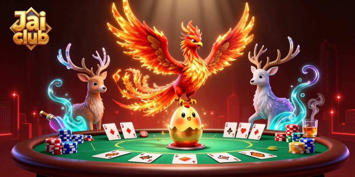Engage with the thrilling Jai club experience, featuring a vibrant poker scene animated by a stunning fire phoenix.