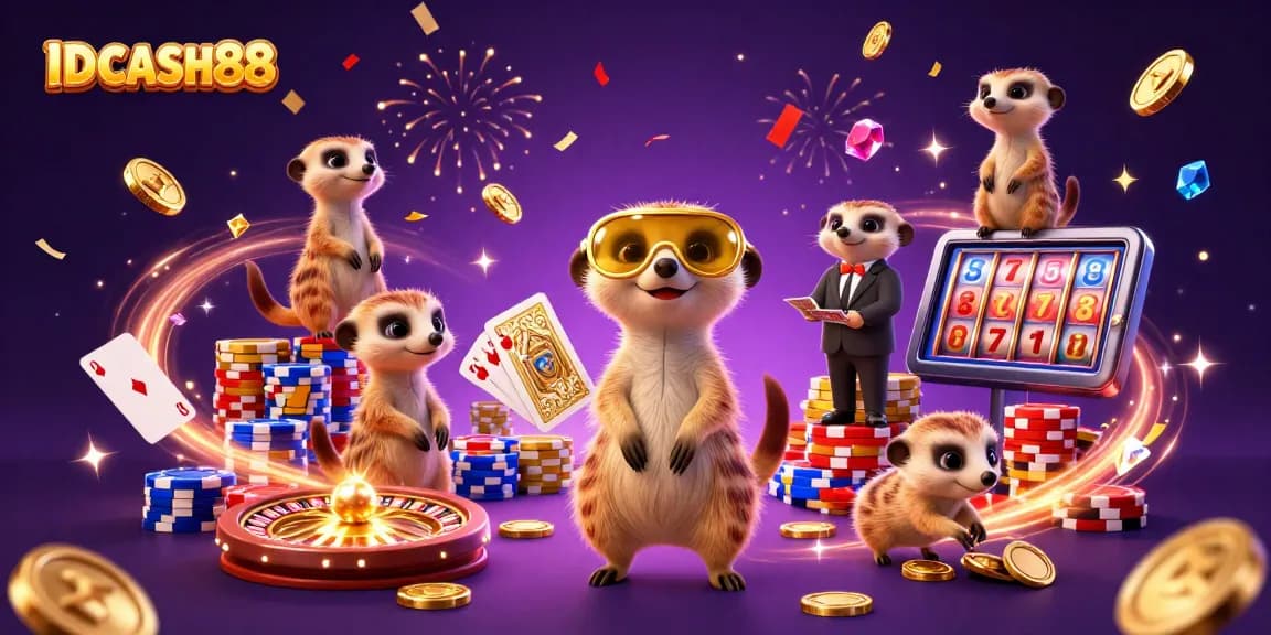 Engage with IDCASH88's thrilling casino scene featuring meerkats in action.