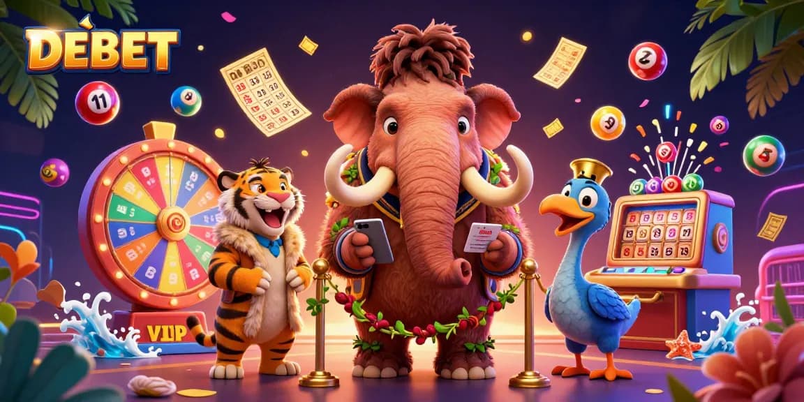 Experience the thrill of DEBET with vibrant lottery elements and playful casino characters!
