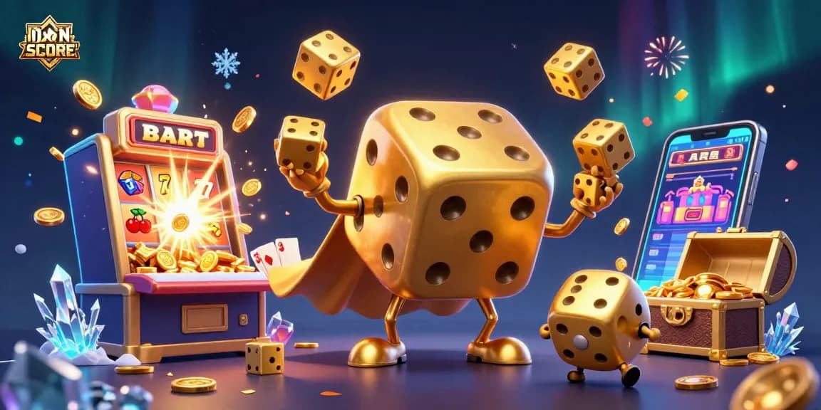 IDNSCORE offers an engaging casino experience with a lively digital illustration of golden dice and vibrant slot machines.