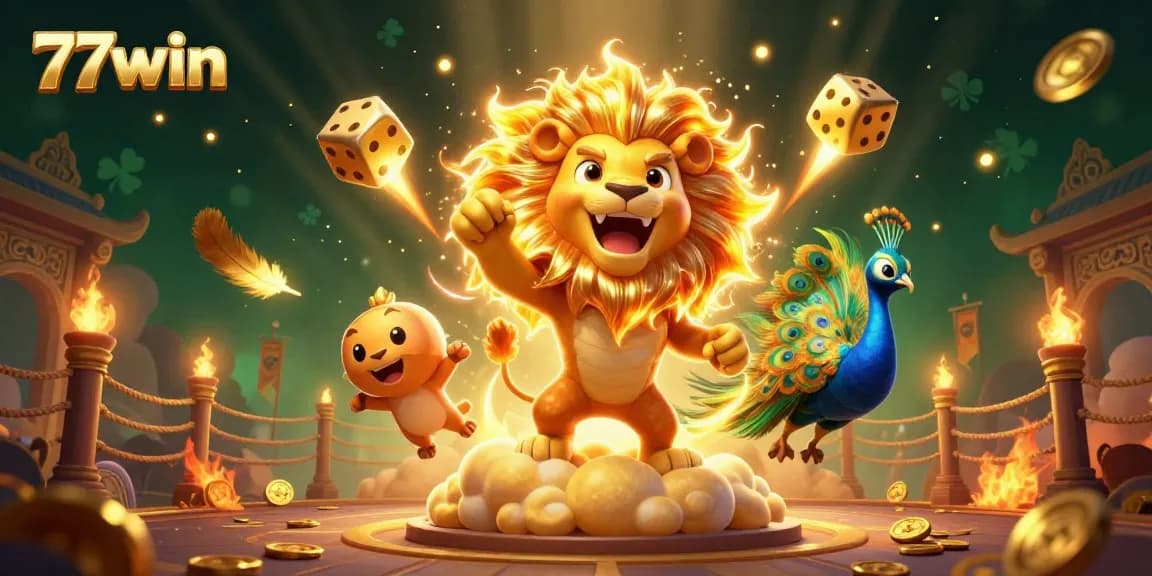 77win players enjoy thrilling games with solar-themed lion and golden dice in 3D casino.