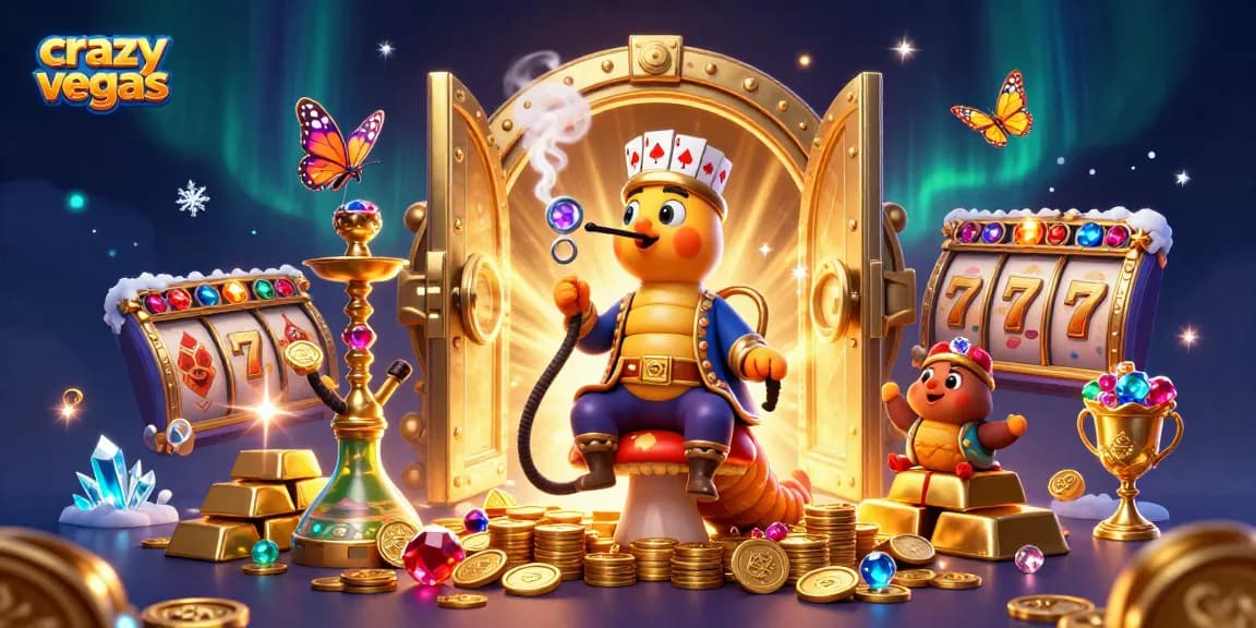 CrazyVegas showcases a captivating 3D scene with a hookah-master caterpillar blowing poker symbols while surrounded by vibrant casino treasures.