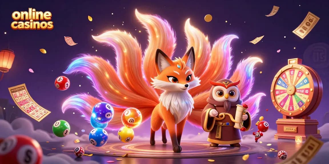 Experience vibrant online casinos with a mystical nine-tailed fox and wise owl sage in a dynamic, colorful scene.