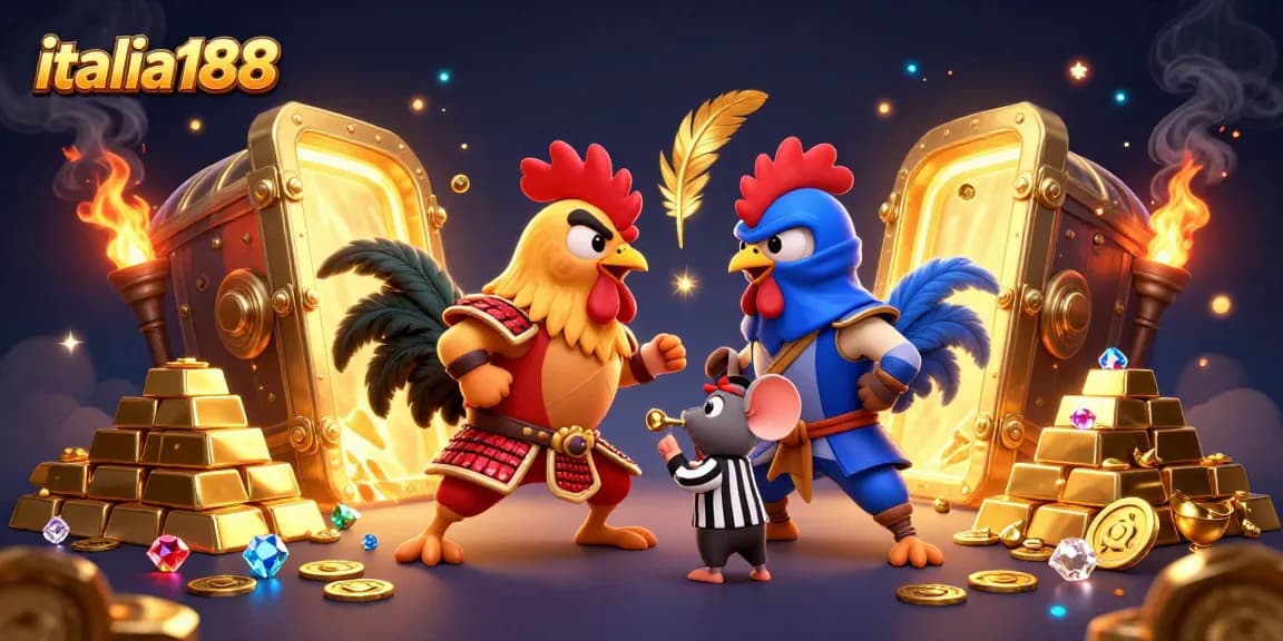 Italia188 menyajikan pertarungan rooster bertema judi dengan instrumen megah dan kesan dramatis.