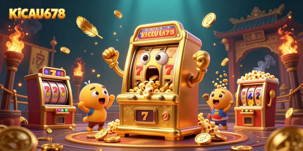 KICAU678 slot machine hitting jackpot amidst cheering baby slots and golden kernels flying.