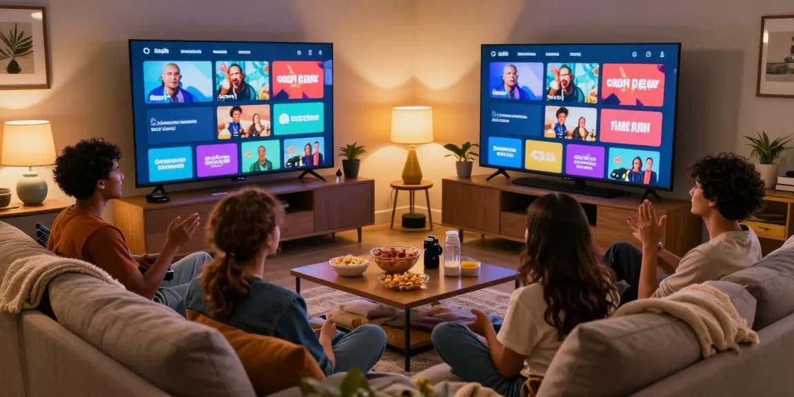 Friends enjoying a relaxing movie night with dezpila streaming on TV, showcasing a cozy living room setup.