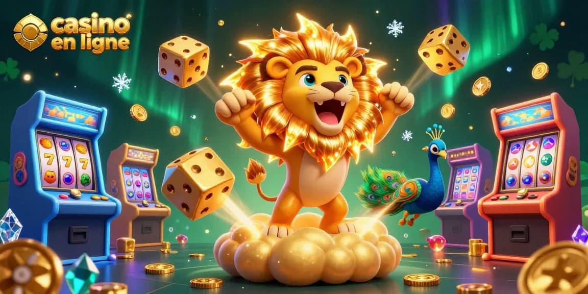 Jouez à casino en ligne dans un univers coloré et dynamique avec un lion et des dés dorés.