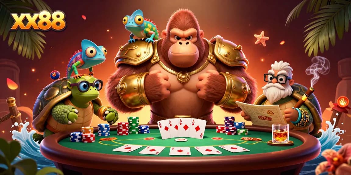 Experience thrilling poker action with xx88 in this vibrant casino scene featuring a gorilla king and friends.