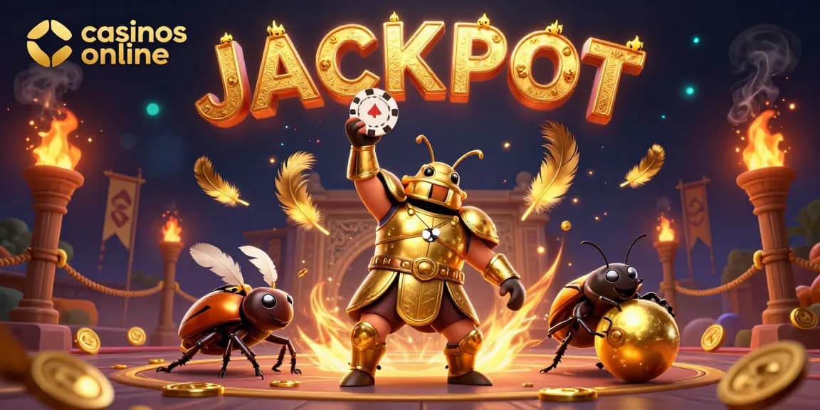 Los casinos online celebran una victoria con un escarabajo en armadura de gladiador y monedas doradas.