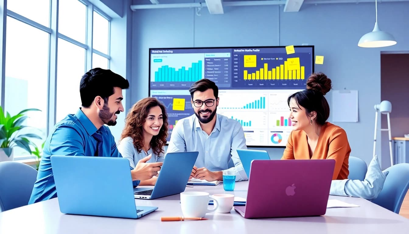 Team strategizing digital campaigns at https://www.rontar.com/ with data analytics and collaboration tools.