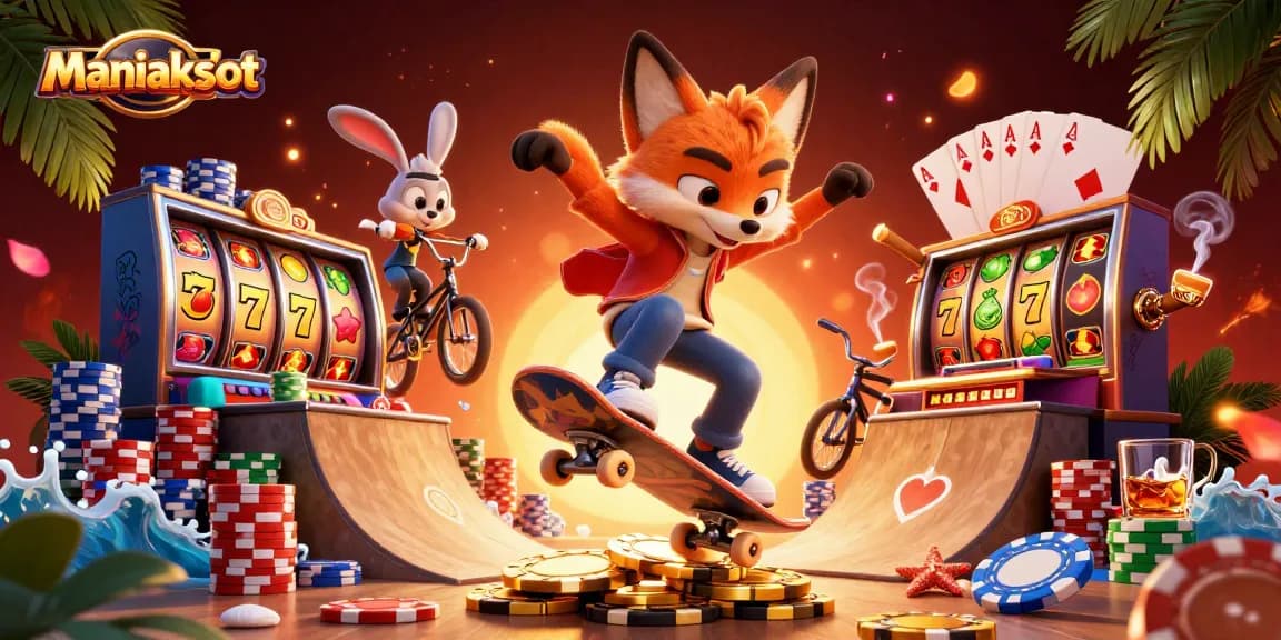 Experience the thrill of Maniakslot with a vibrant 3D illustration of an adventurous fox and rabbit in a casino setting.