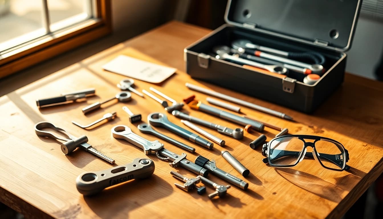 Displaying facom tools neatly arranged on a workshop bench, showcasing quality craftsmanship.